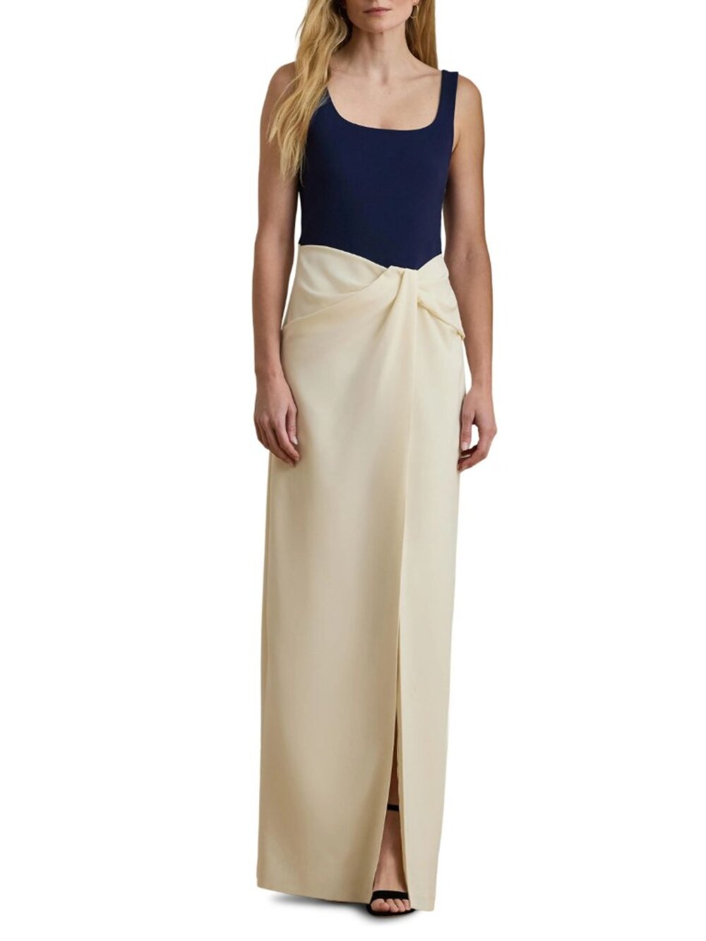 🆕RALPH LAUREN Two-Tone Ottoman Crepe Sleeveless Gown Navy Blue/Ivory 16 - Picture 2 of 16